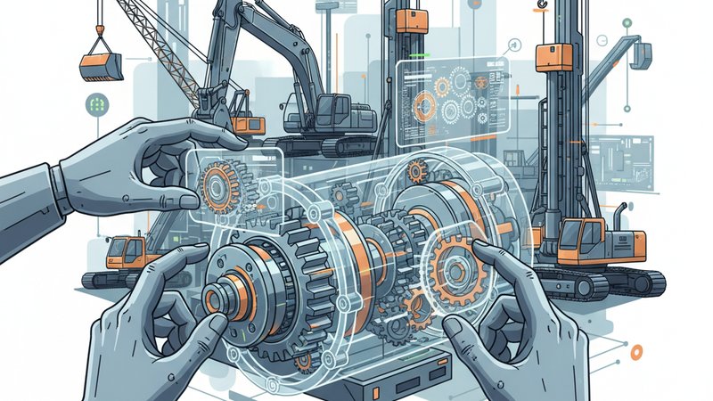 Детали коробок передач для ремонта спецтехники, современная иллюстрация, прокат запчастей Дисметалл Прокат.