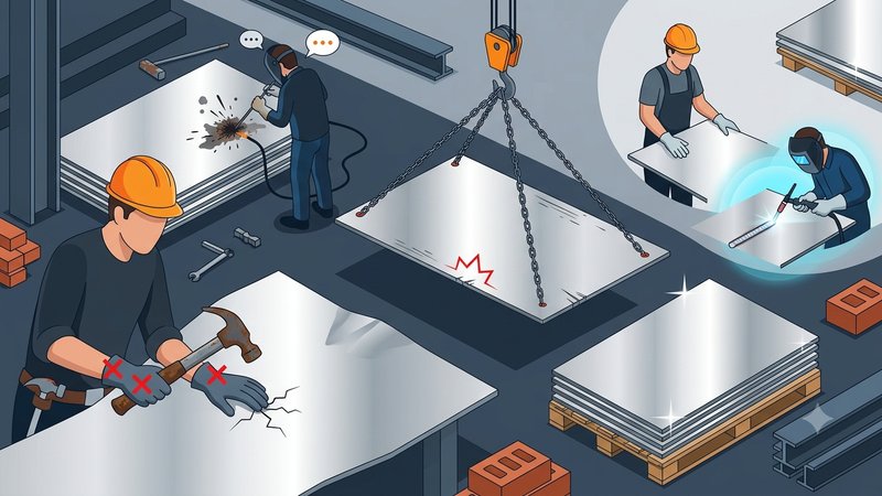 Иллюстрация процесса монтажа листов нержавеющей стали AISI 304 с акцентом на технические ошибки